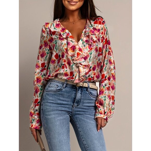 Floral Ruffle V-Neck Long Sleeve Blouse For Women S-XXL Available - Picture 4 of 4